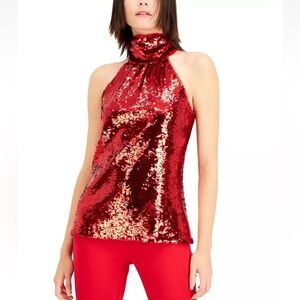 I-N-C Womens Sequin Halter Top Shirt, Red, Med NEW